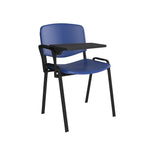 Blue chair with a black tray on a white background