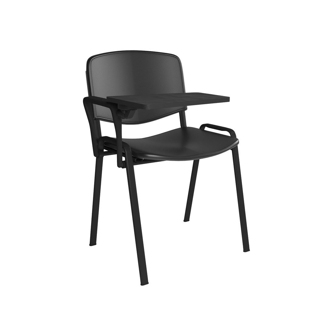 Black chair with a tablet tray on a white background