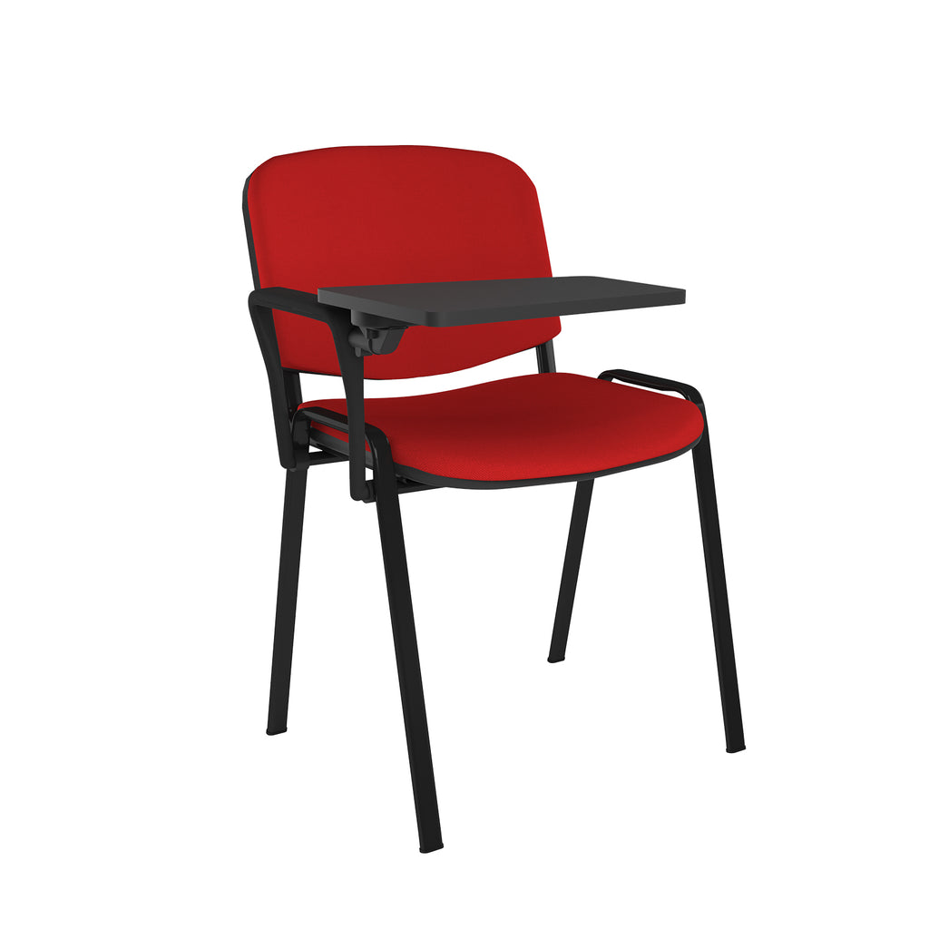 Red chair with a black tray on a white background