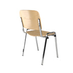 Chair with wooden seat and backrest and metal legs on a white background