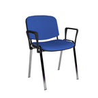 Blue chair with black armrests and silver legs on a white background