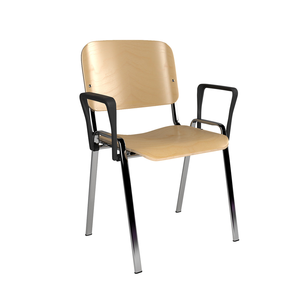 Wooden chair with black metal frame on a white background