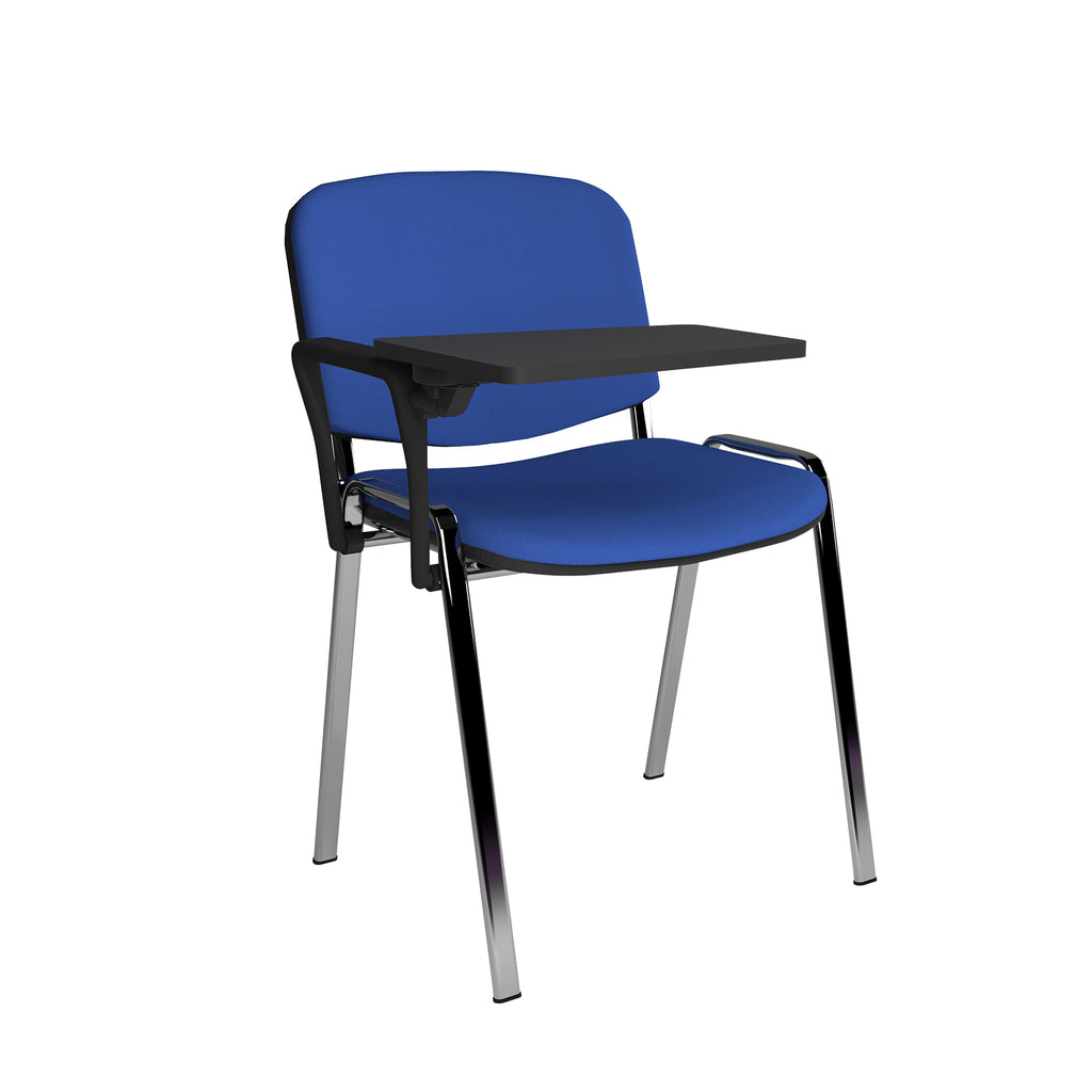 Blue chair with a black tray on a white background
