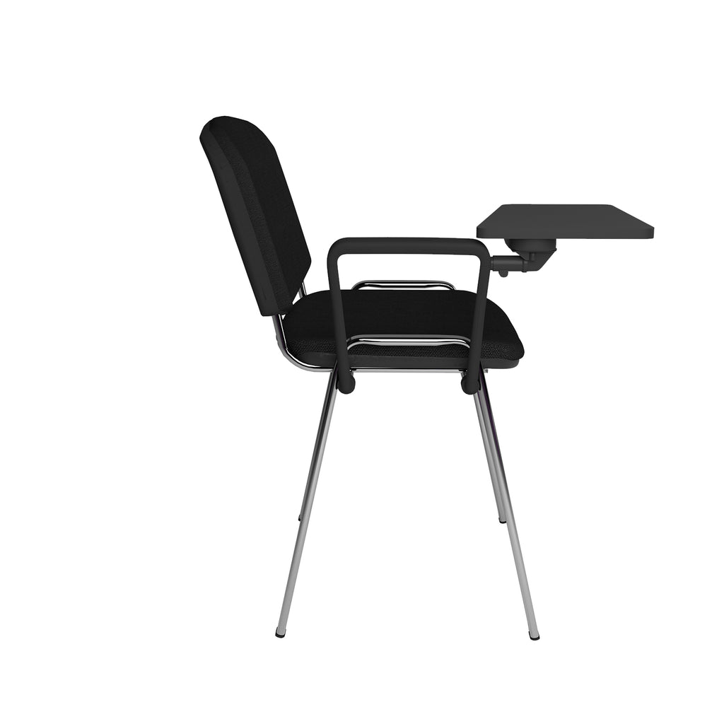 Black chair with a small table attached to it on a white background