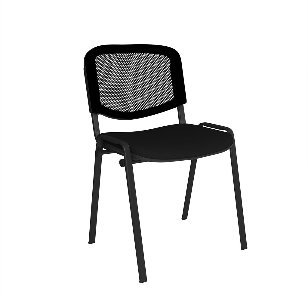 Black office chair with mesh back on a white background