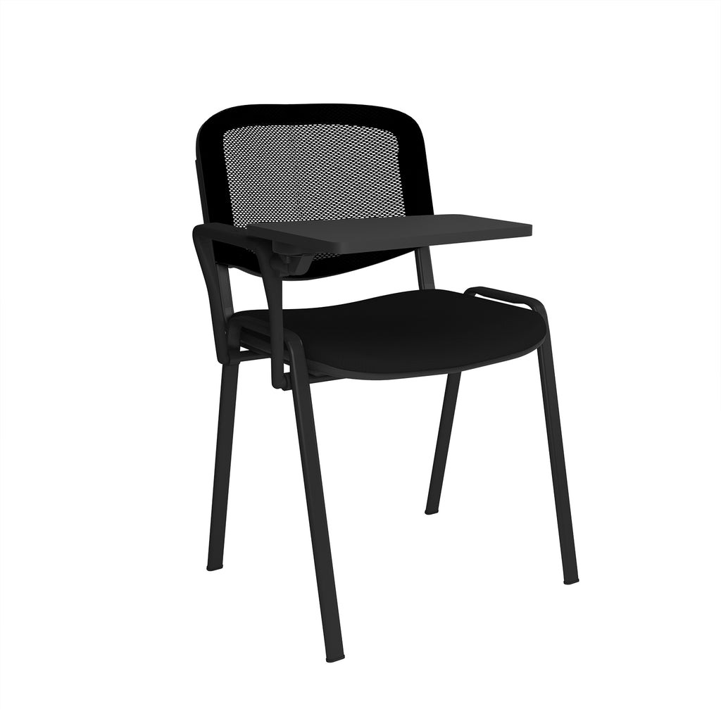 Black office chair with mesh backrest on a white background