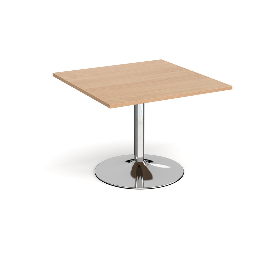Square meeting table with a wood-effect top, central chrome pedestal column, and round base, shown on a white background.