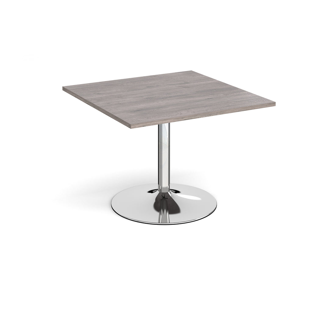 Square meeting table with a grey wood-effect top, central chrome pedestal column, and round base, shown on a white background.