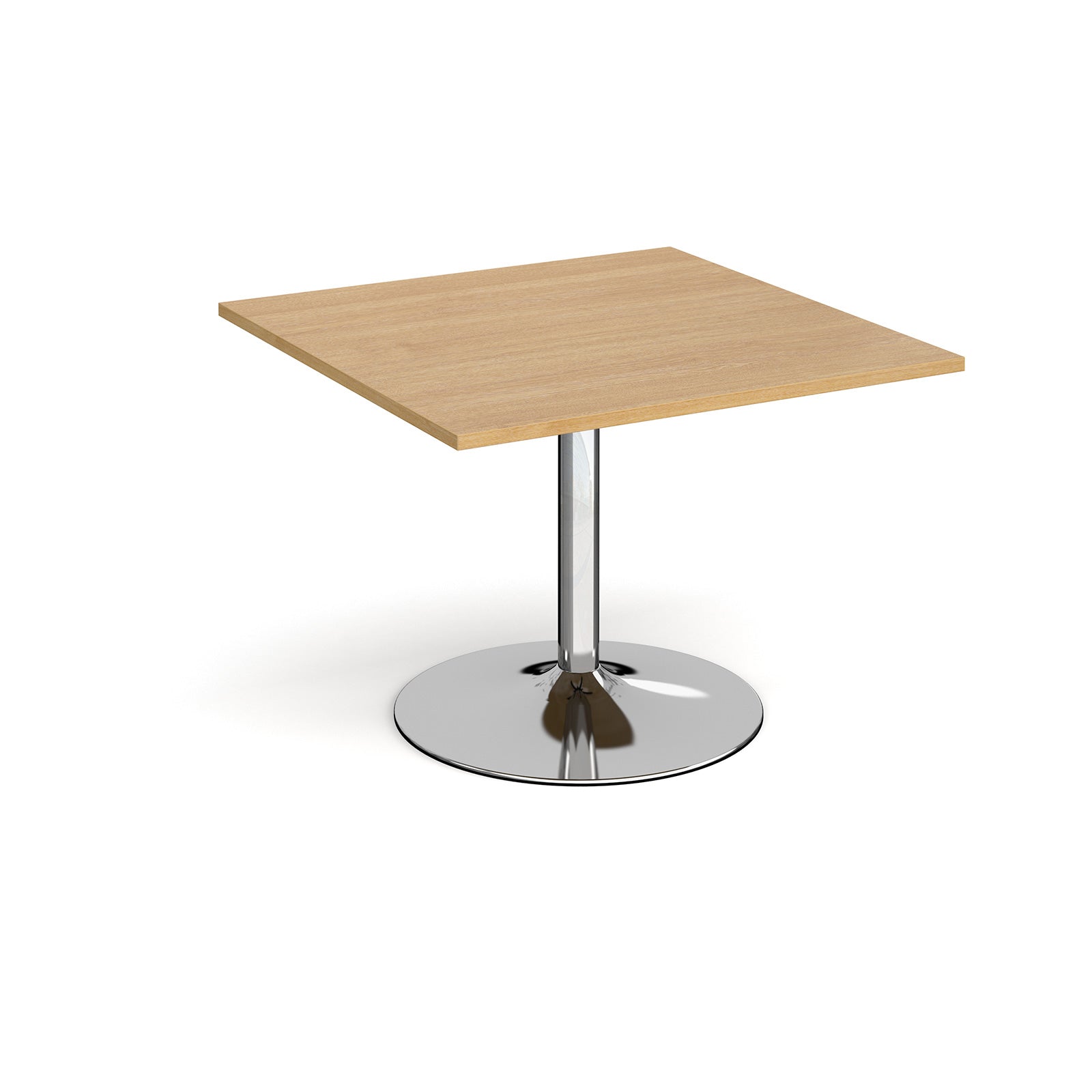 Square meeting table with a wood-effect top, central chrome pedestal column, and round base, shown on a white background.