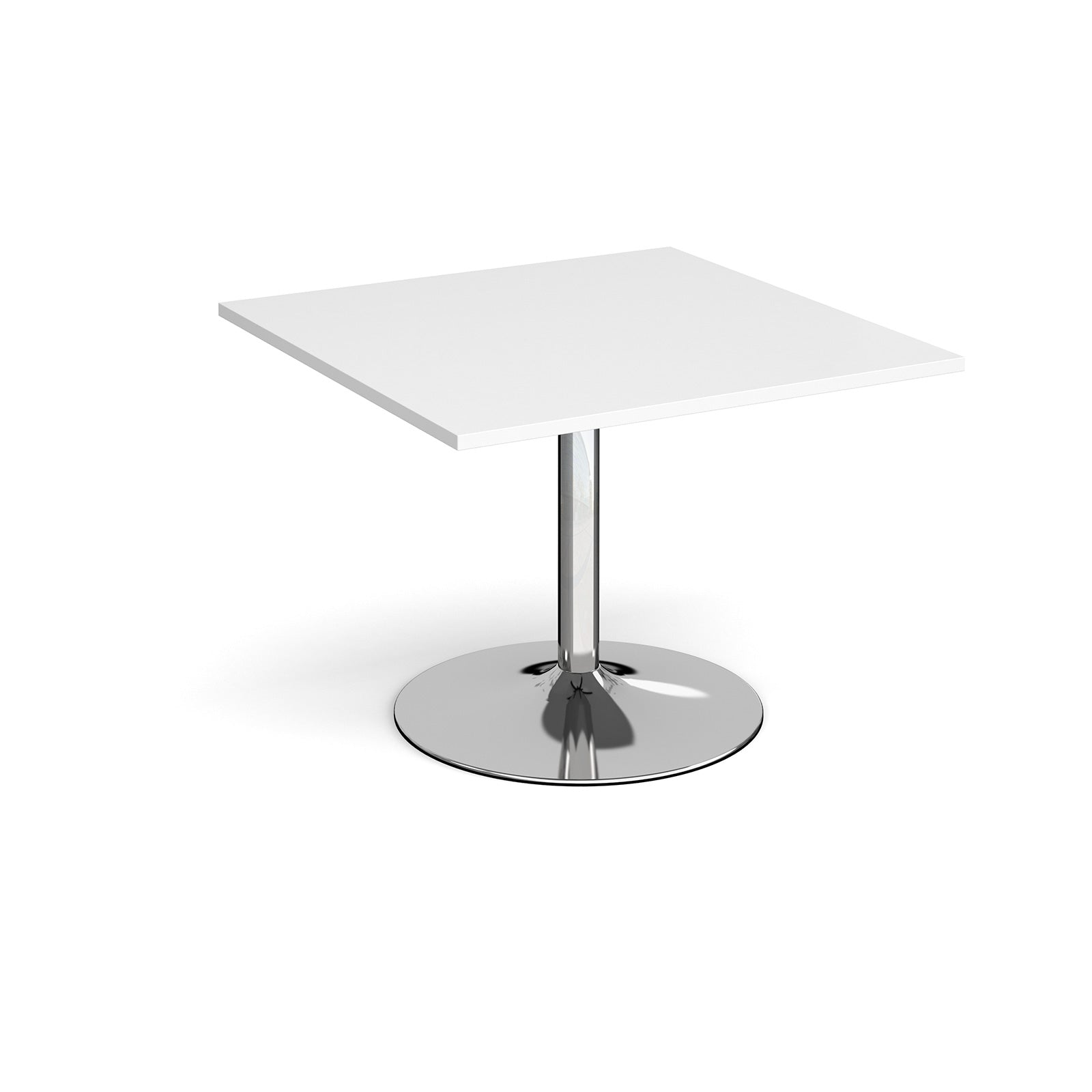 Square meeting table with a white top, central chrome pedestal column, and round base, shown on a white background.