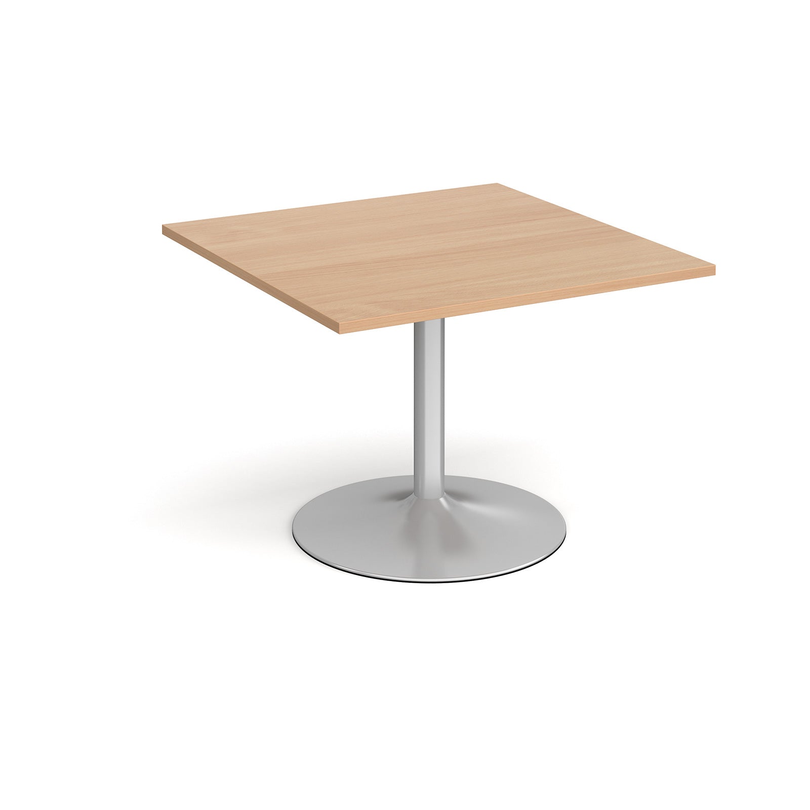 Square meeting table with a wood-effect top, central metal pedestal column, and round base, shown on a white background.