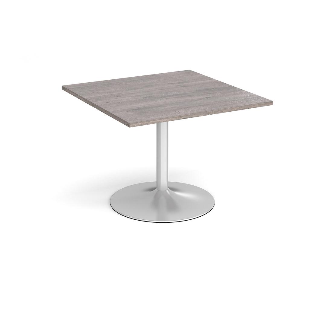 Square meeting table with a grey wood-effect top, central metal pedestal column, and round base, shown on a white background.