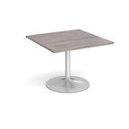 Square meeting table with a grey wood-effect top, central metal pedestal column, and round base, shown on a white background.