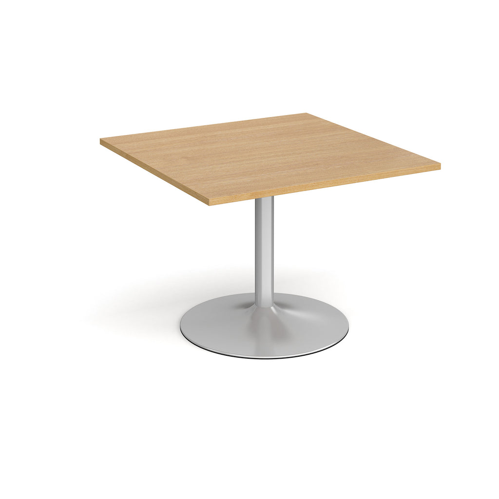 Square meeting table with a white top, central metal pedestal column, and round base, shown on a white background.