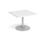 Square meeting table with a white top, central metal pedestal column, and round base, shown on a white background.