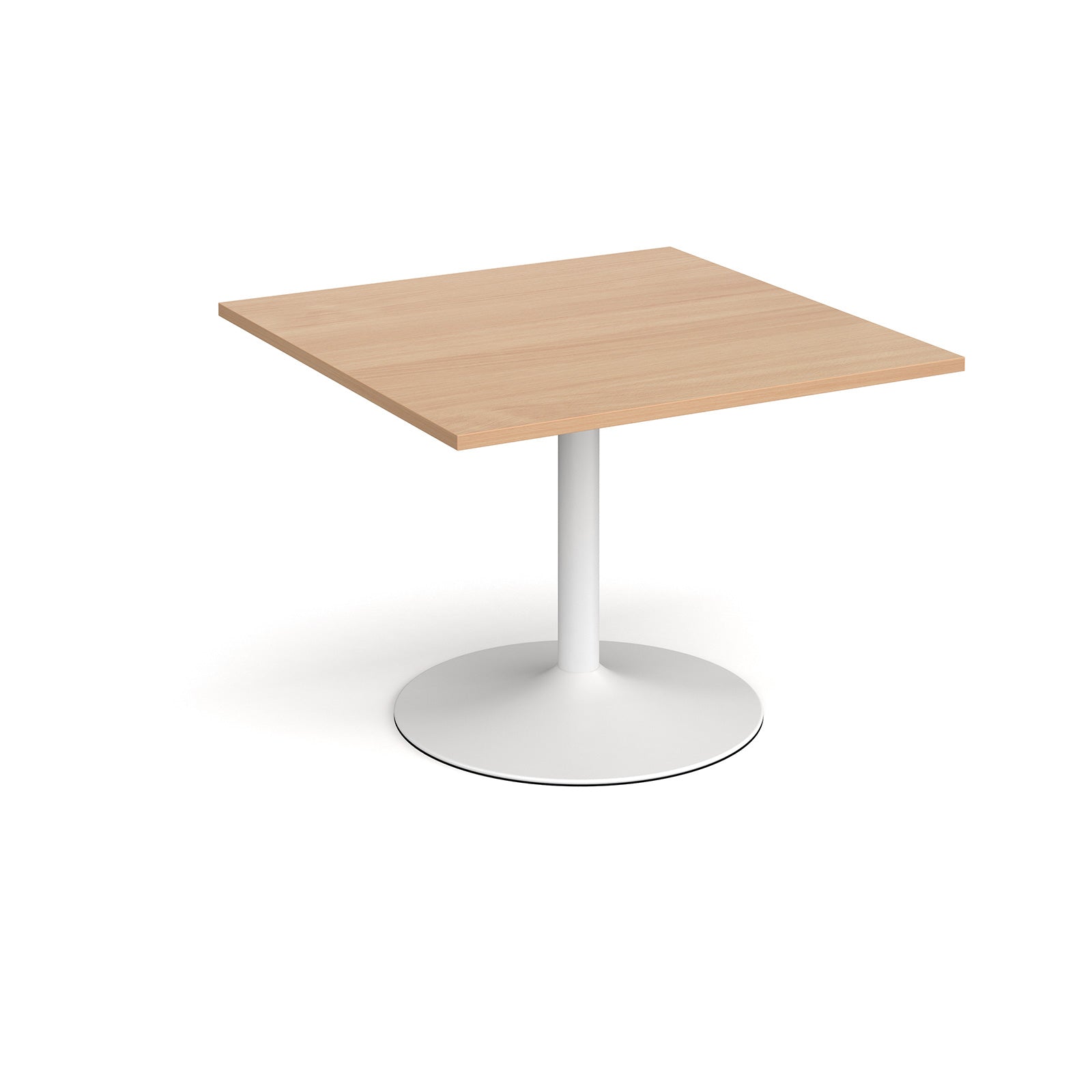 Square meeting table with a wood-effect top, central white pedestal column, and round base, shown on a white background.