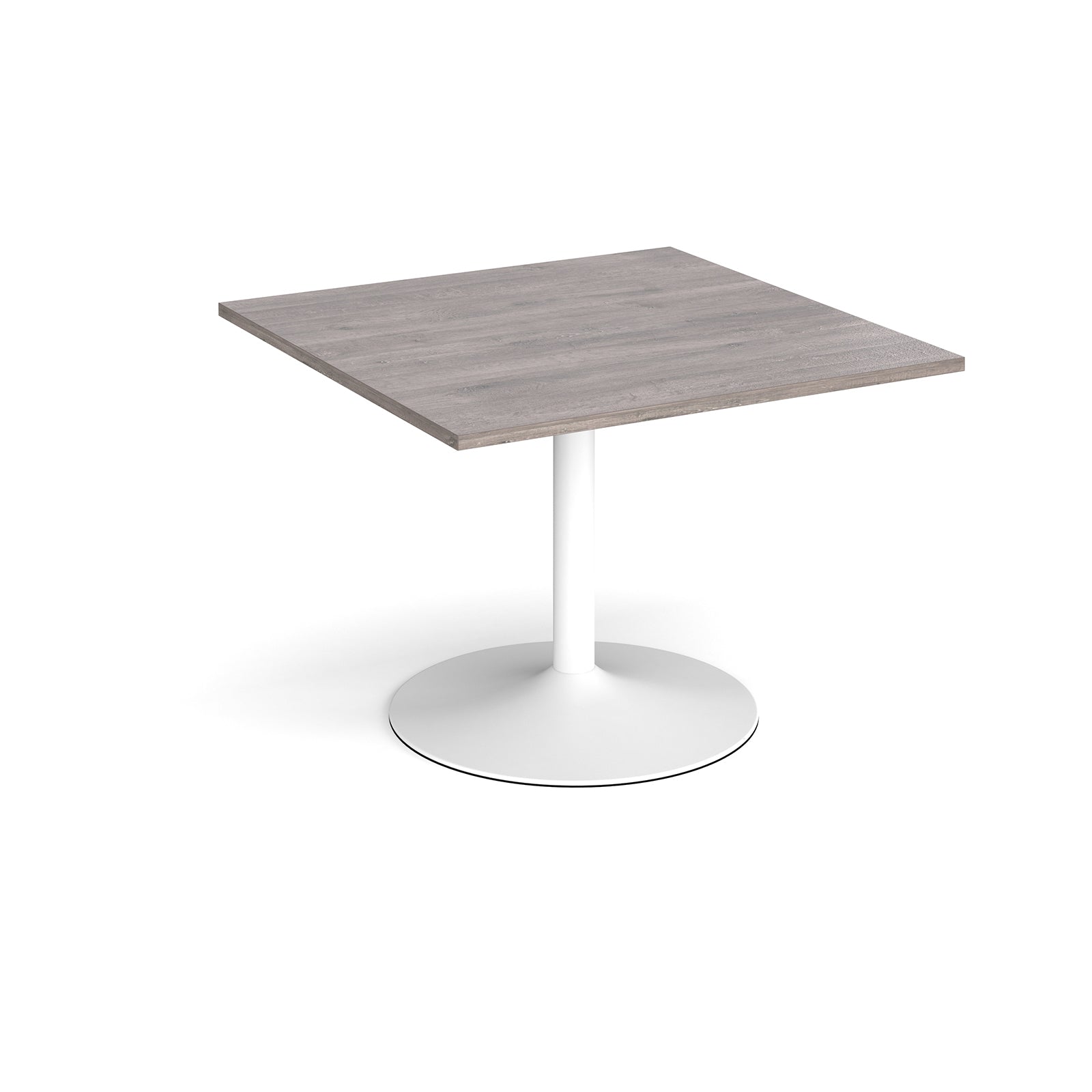 Square meeting table with a grey wood-effect top, central white pedestal column, and round base, shown on a white background.