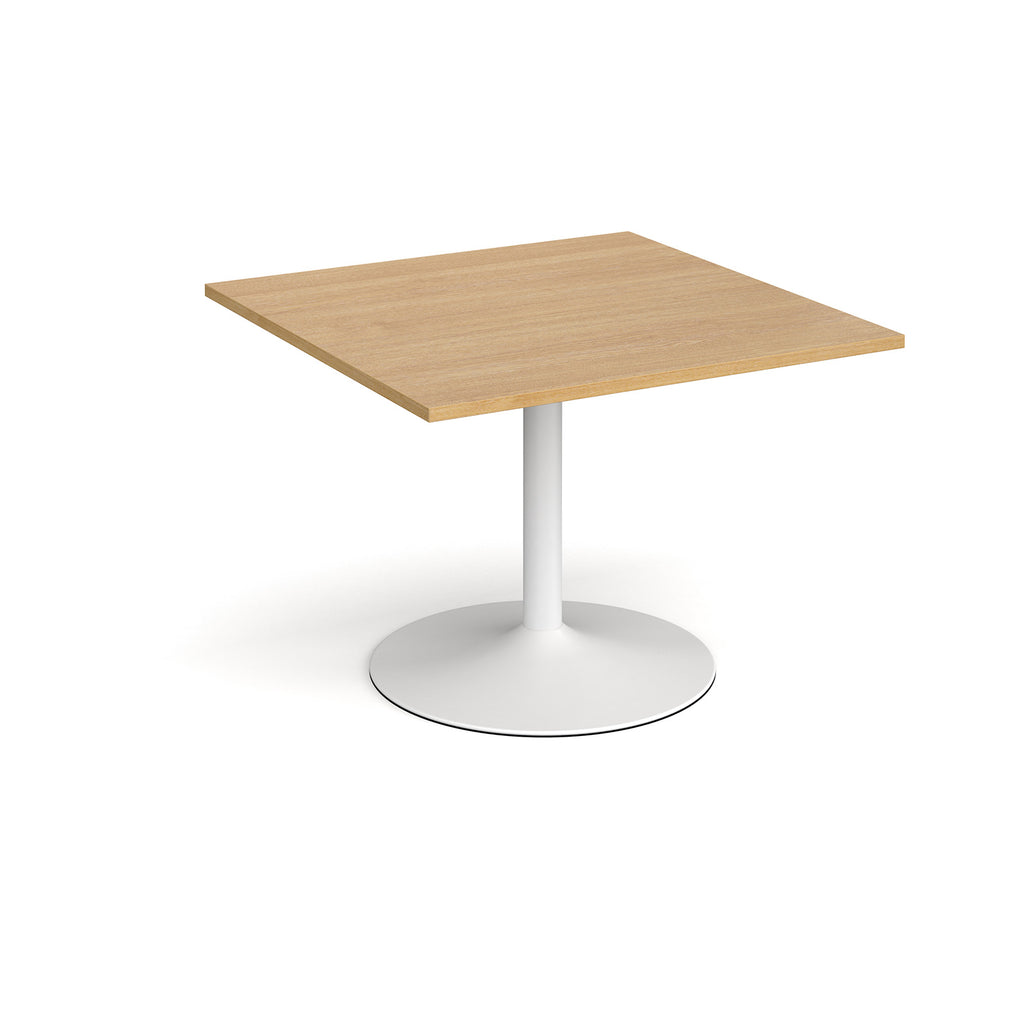 Square meeting table with a wood-effect top, central white pedestal column, and round base, shown on a white background.