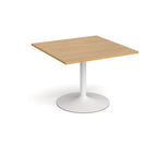 Square meeting table with a wood-effect top, central white pedestal column, and round base, shown on a white background.