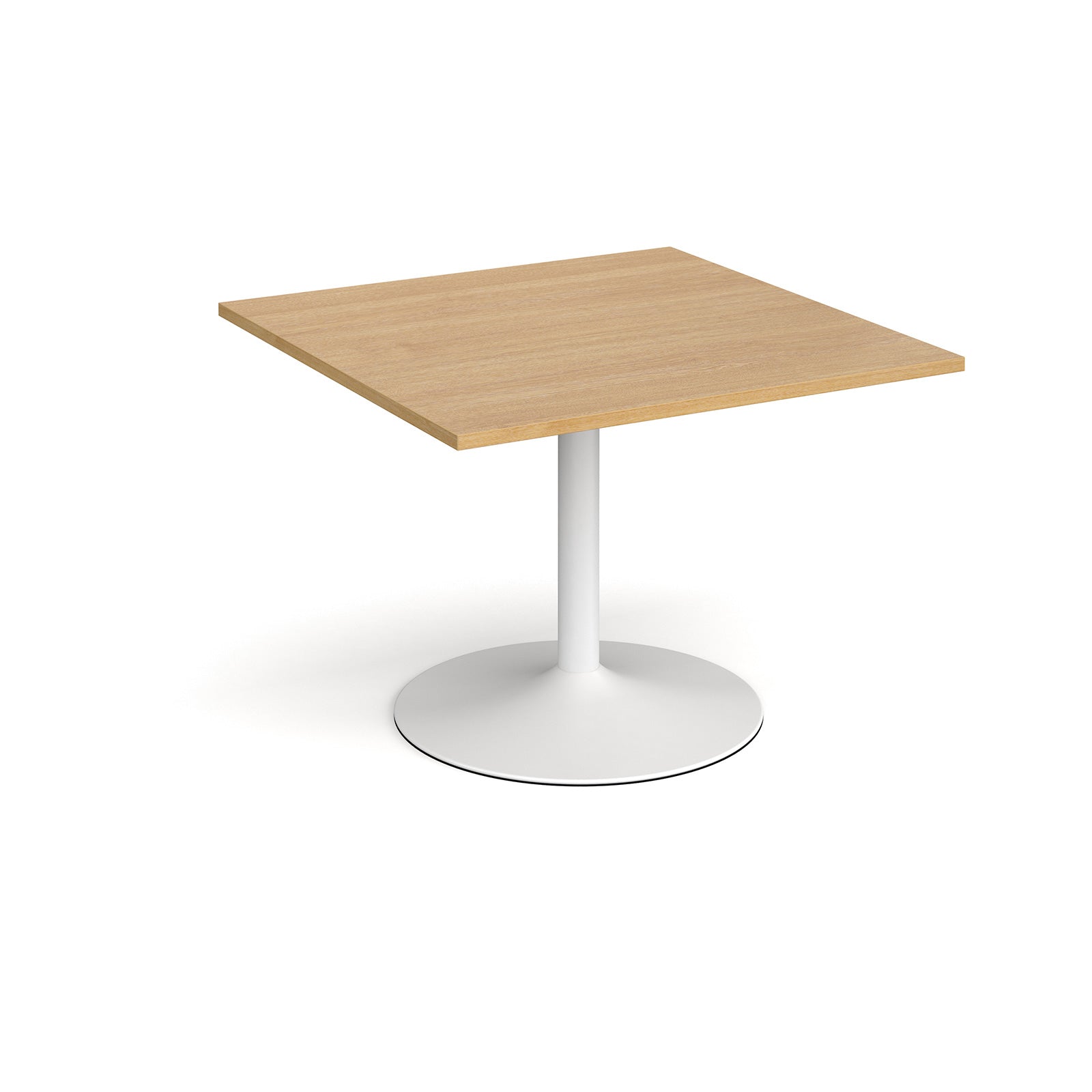 Square meeting table with a wood-effect top, central white pedestal column, and round base, shown on a white background.