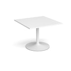 Square meeting table with a white top, central pedestal column, and round base, shown on a white background.