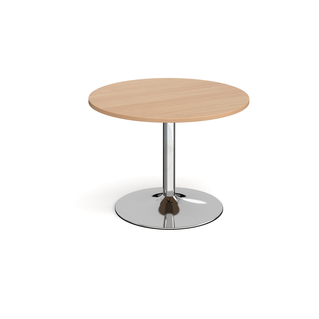 Round table with wood-effect top and chrome base on a white background