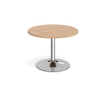 Round table with wood-effect top and chrome base on a white background