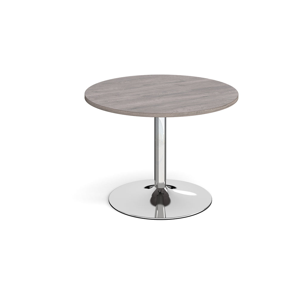 Round table with grey wood-effect top and chrome base on a white background