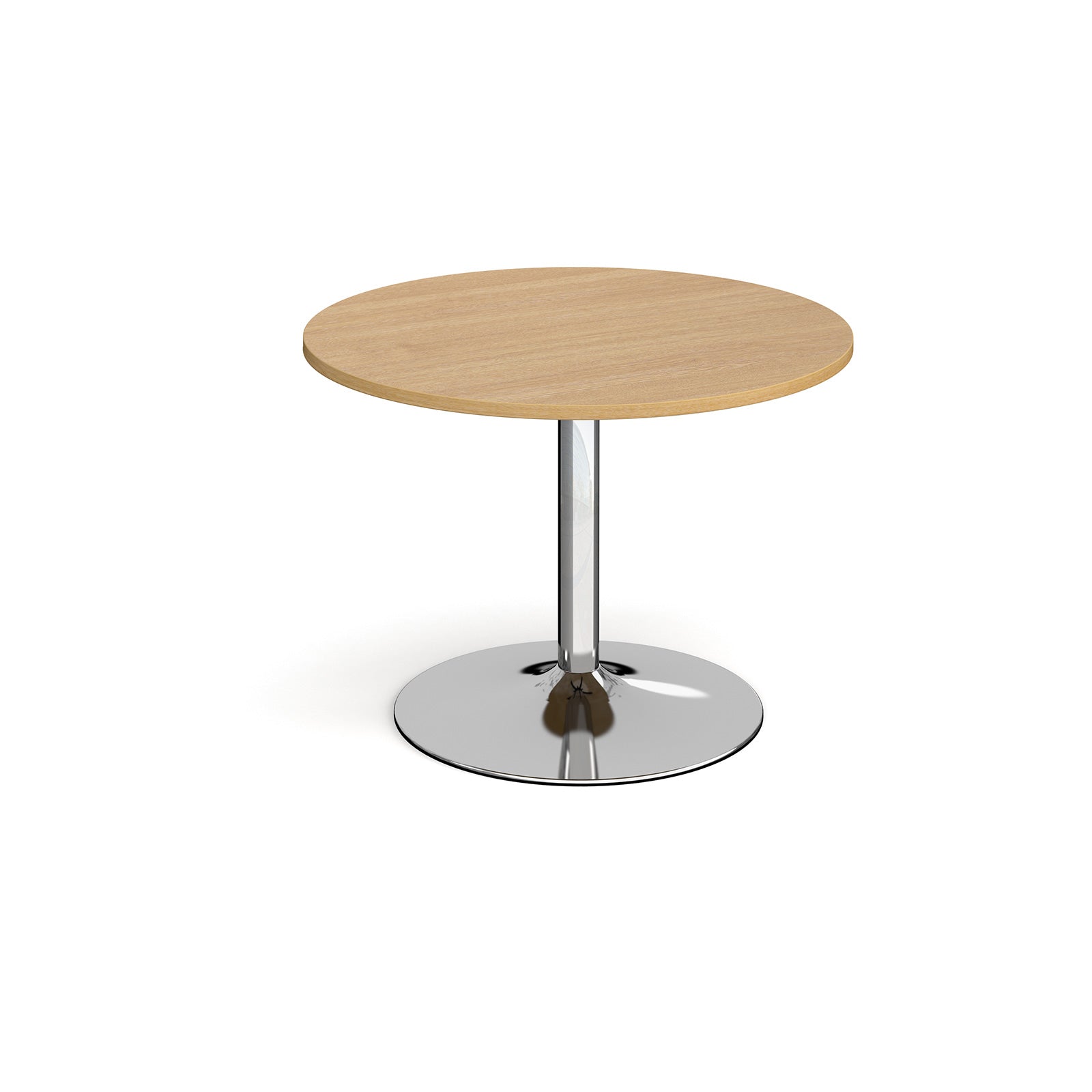 Round table with wood-effect top and chrome base on a white background