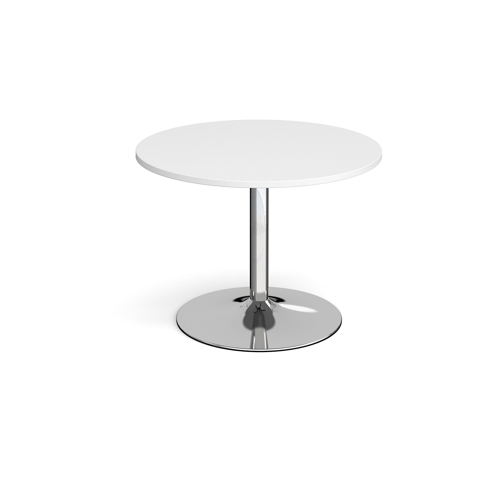 Round table with white top and chrome base on a white background