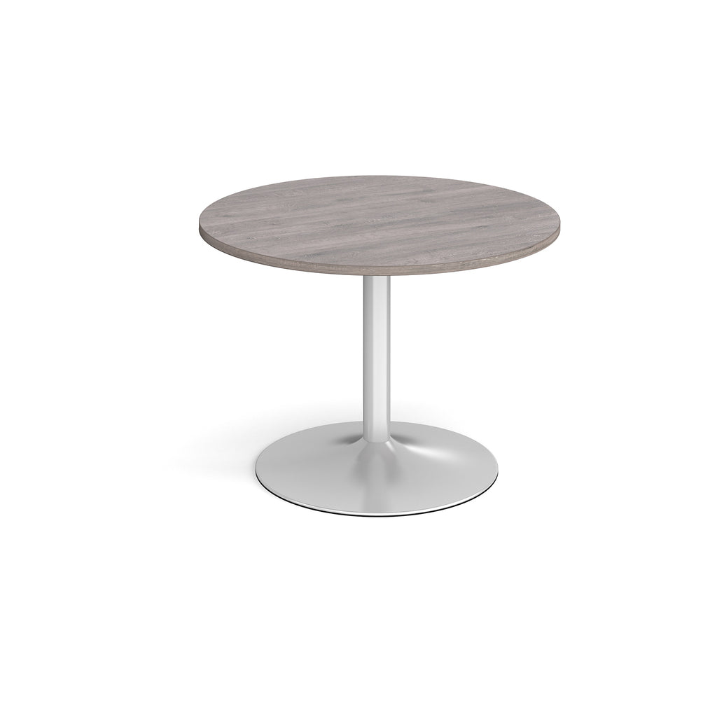 Round table with grey wood-effect top and metal base on a white background
