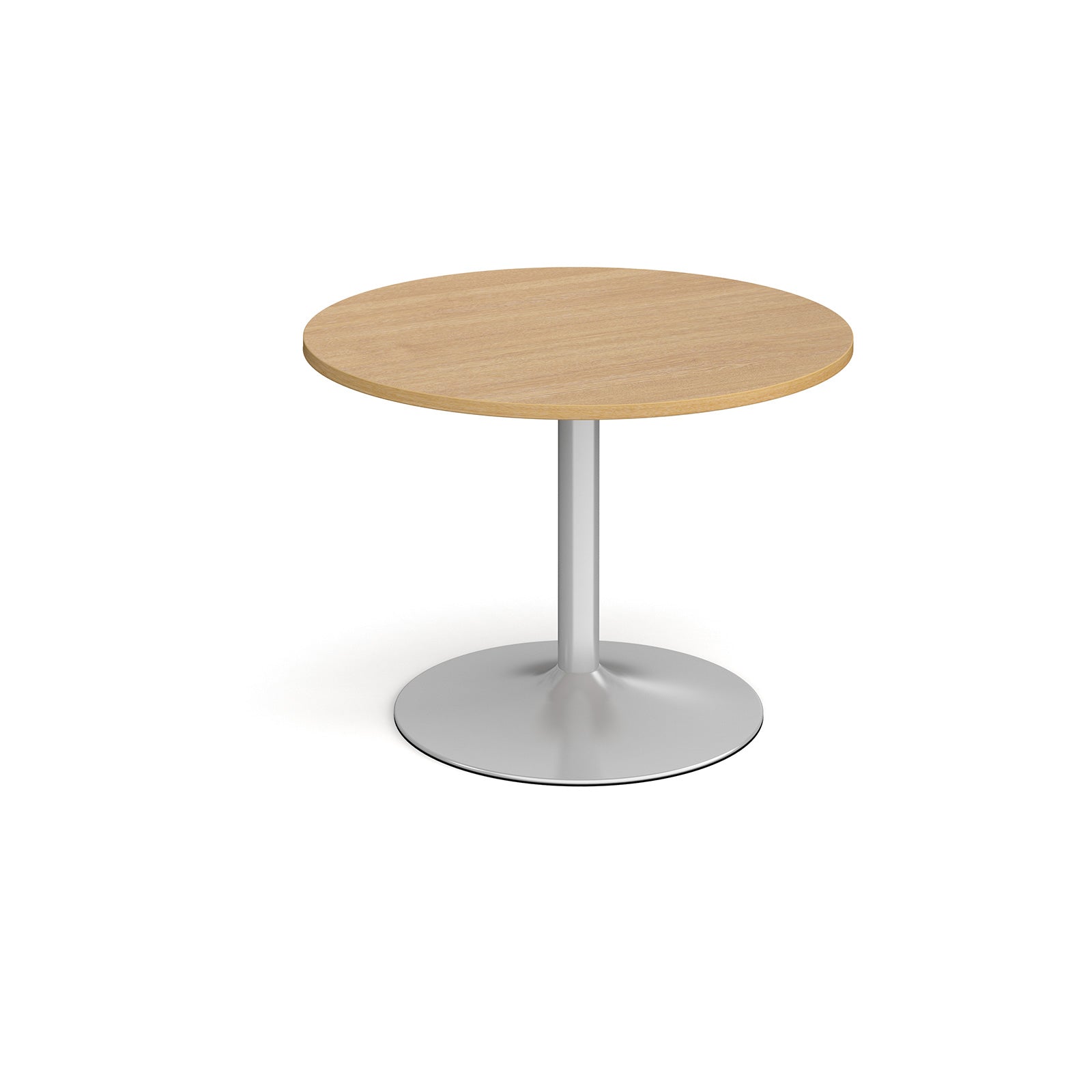 Round table with wood-effect top and metal base on a white background