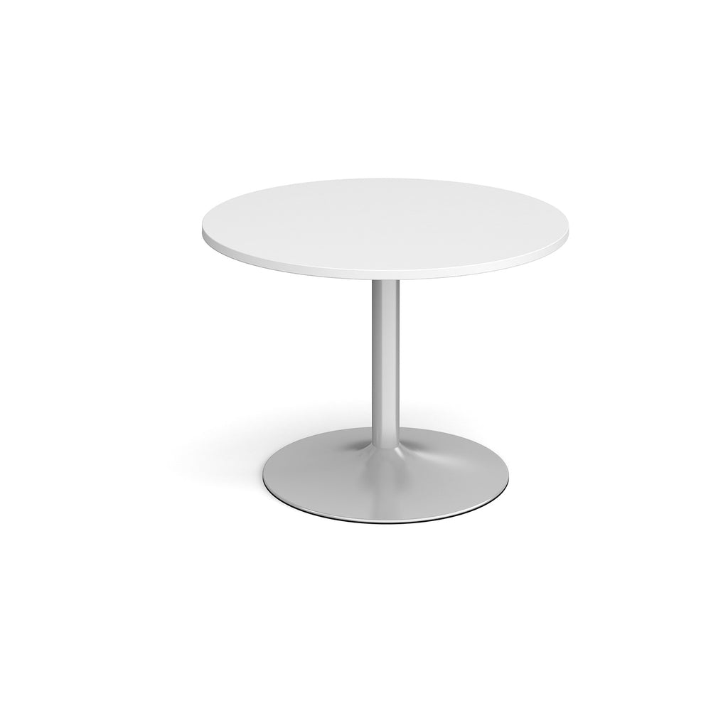 Round table with white top and metal base on a white background