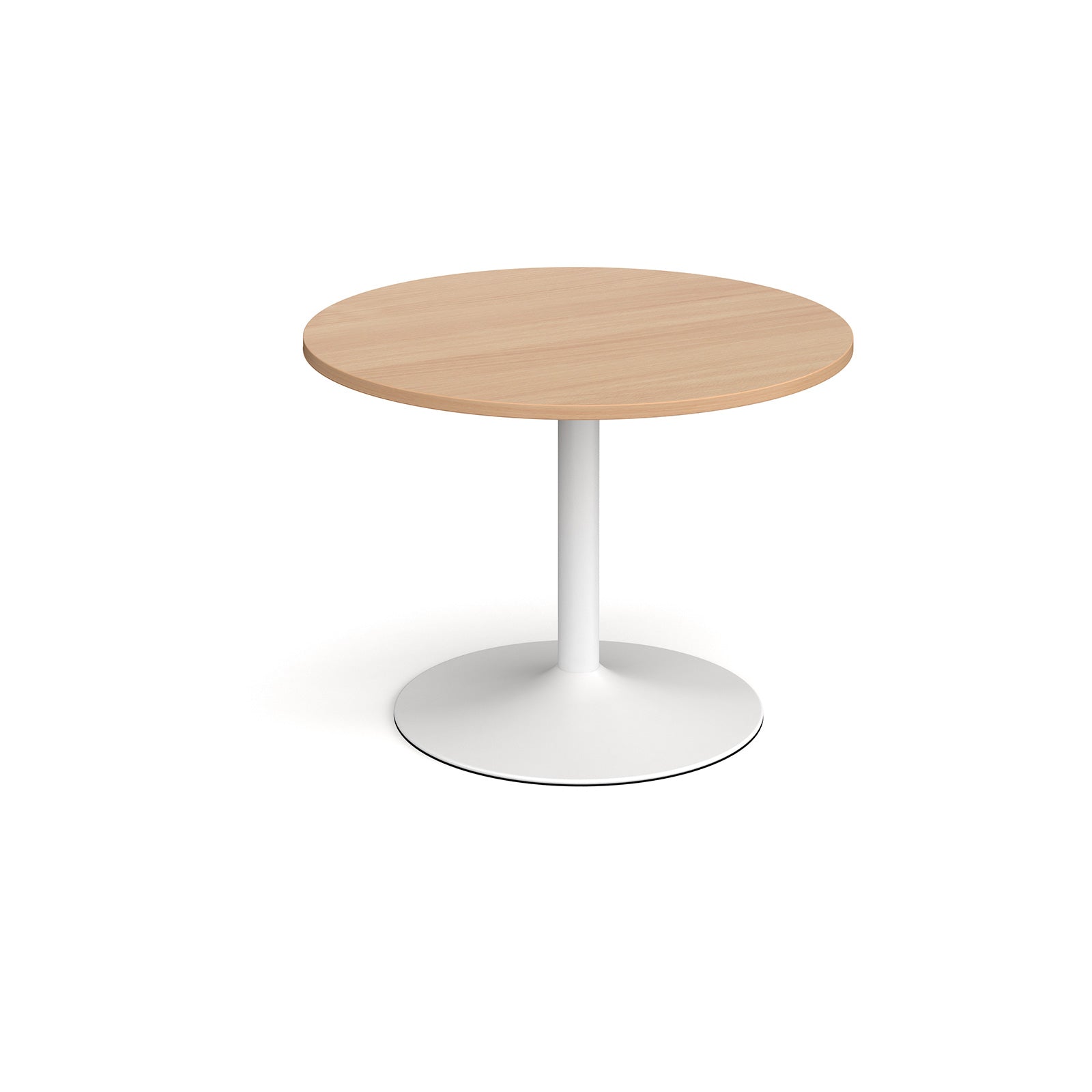 Round table with wood-effect top and white base on a white background