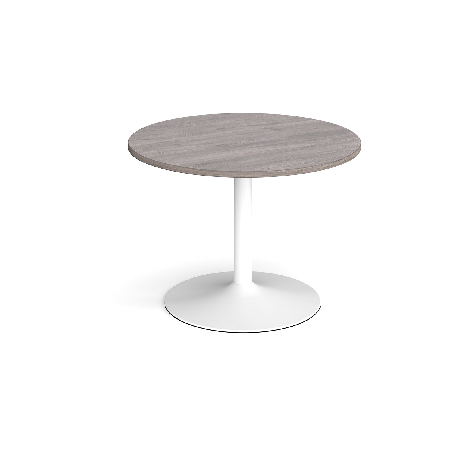 Round table with grey wood-effect top and white base on a white background