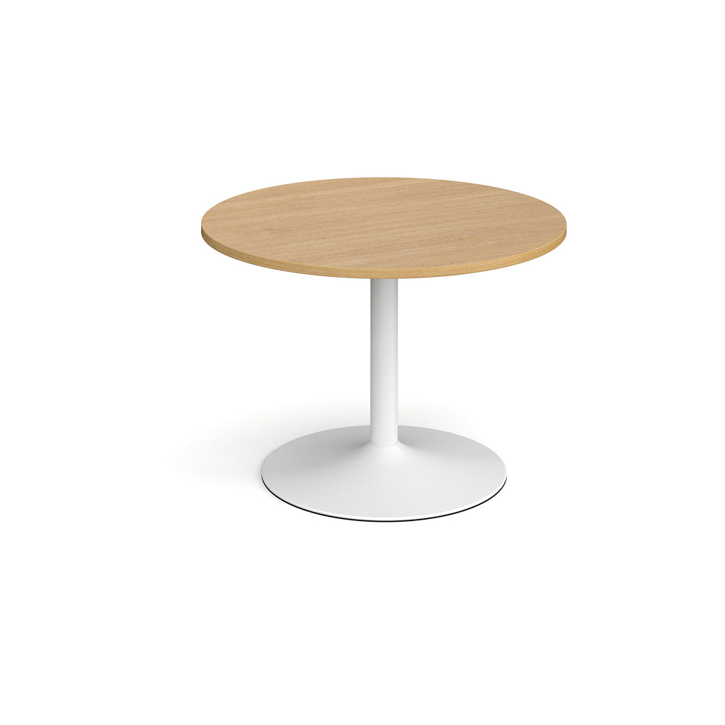 Round table with wood-effect top and white base on a white background
