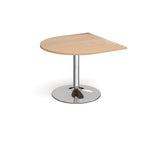 D-end meeting table with a wood-effect top, chrome pedestal column, and round base, shown on a white background.