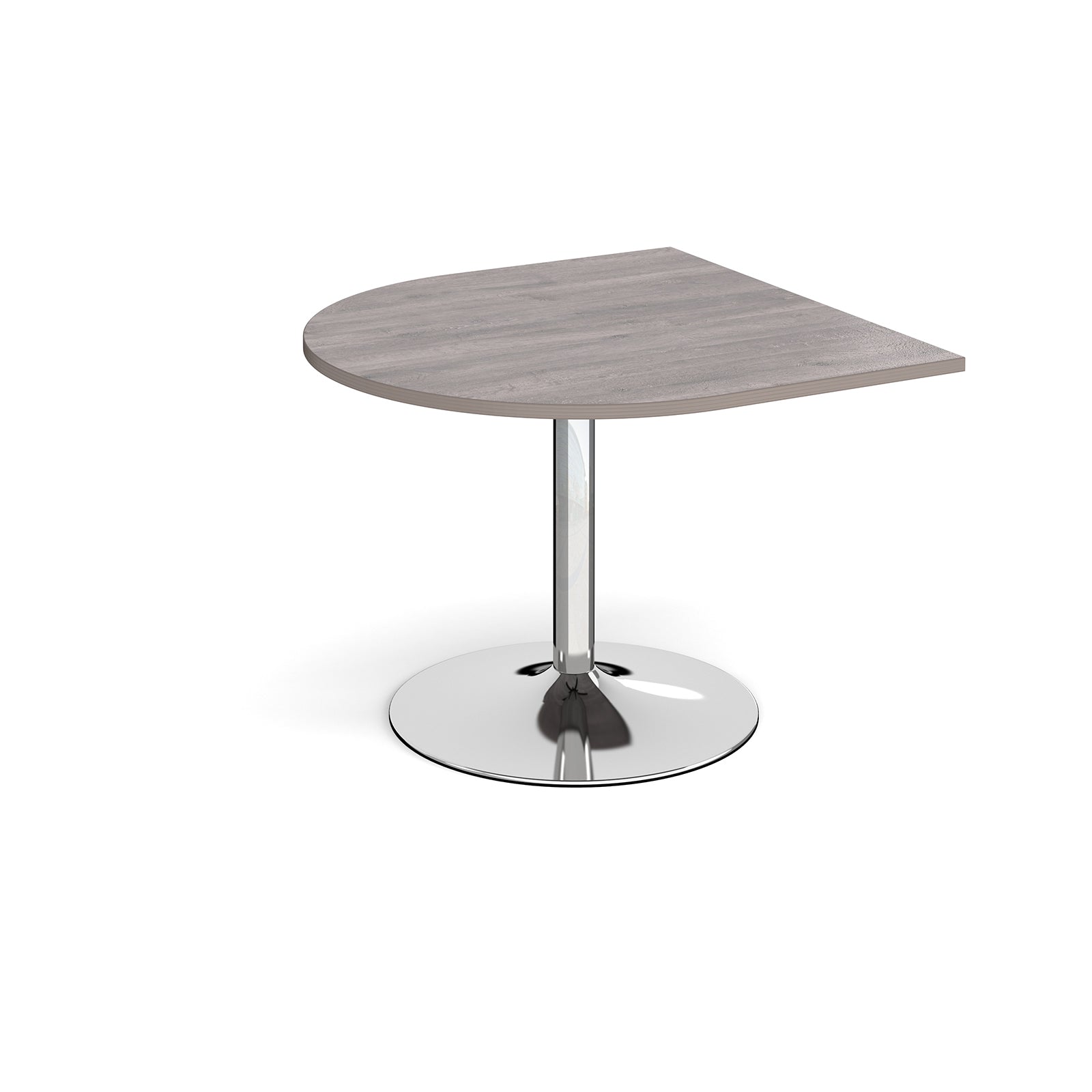 D-end meeting table with a grey wood-effect top, chrome pedestal column, and round base, shown on a white background.