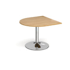 D-end meeting table with a light wood-effect top, chrome pedestal column, and round base, shown on a white background.