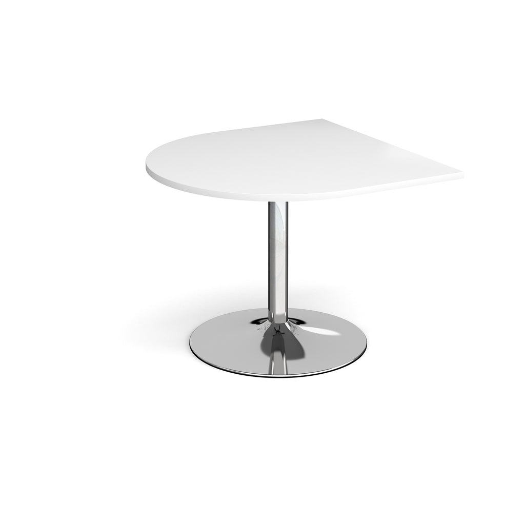 D-end meeting table with a white top, chrome pedestal column, and round base, shown on a white background.