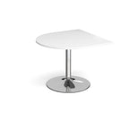 D-end meeting table with a white top, chrome pedestal column, and round base, shown on a white background.