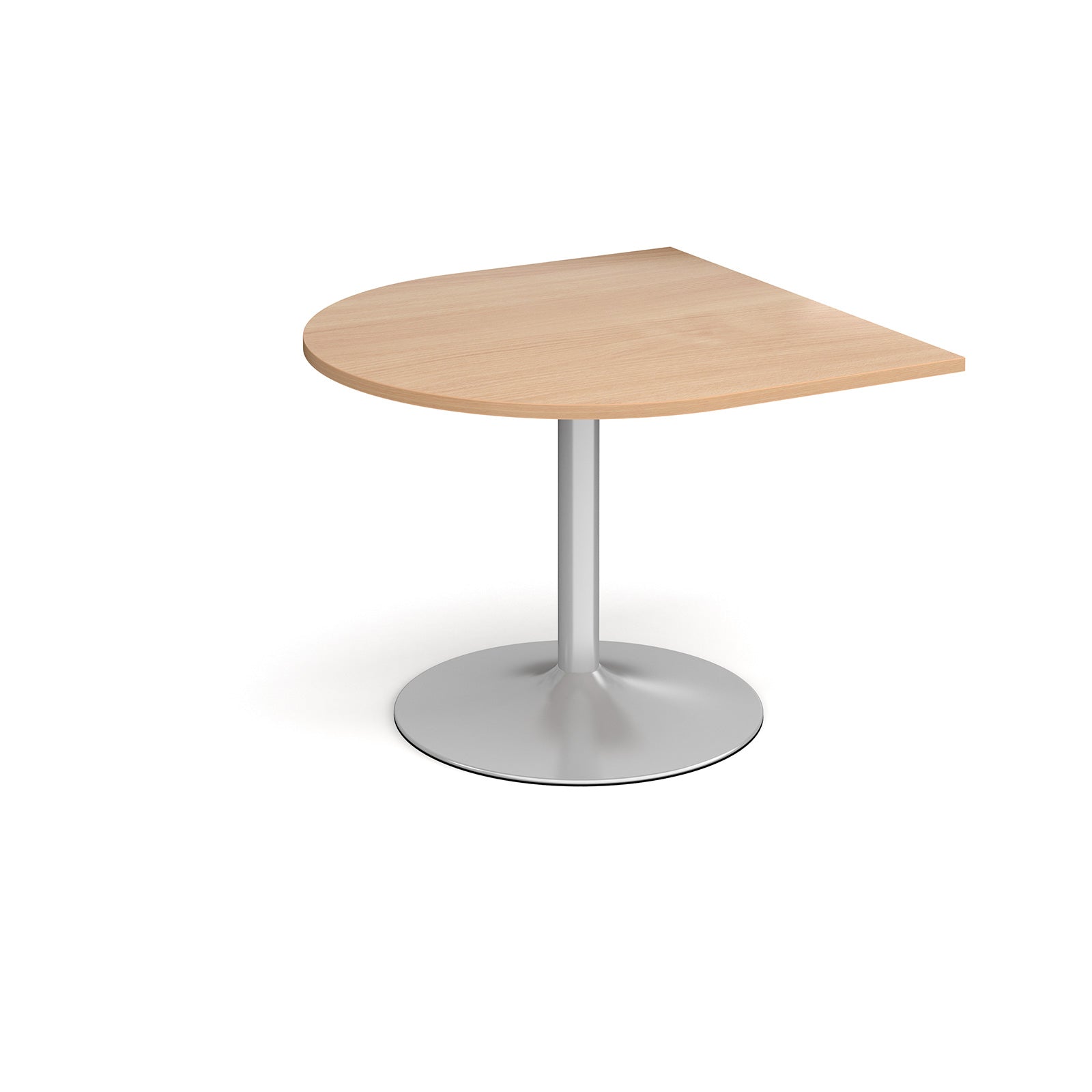 D-end meeting table with a wood-effect top, metal pedestal column, and round base, shown on a white background.