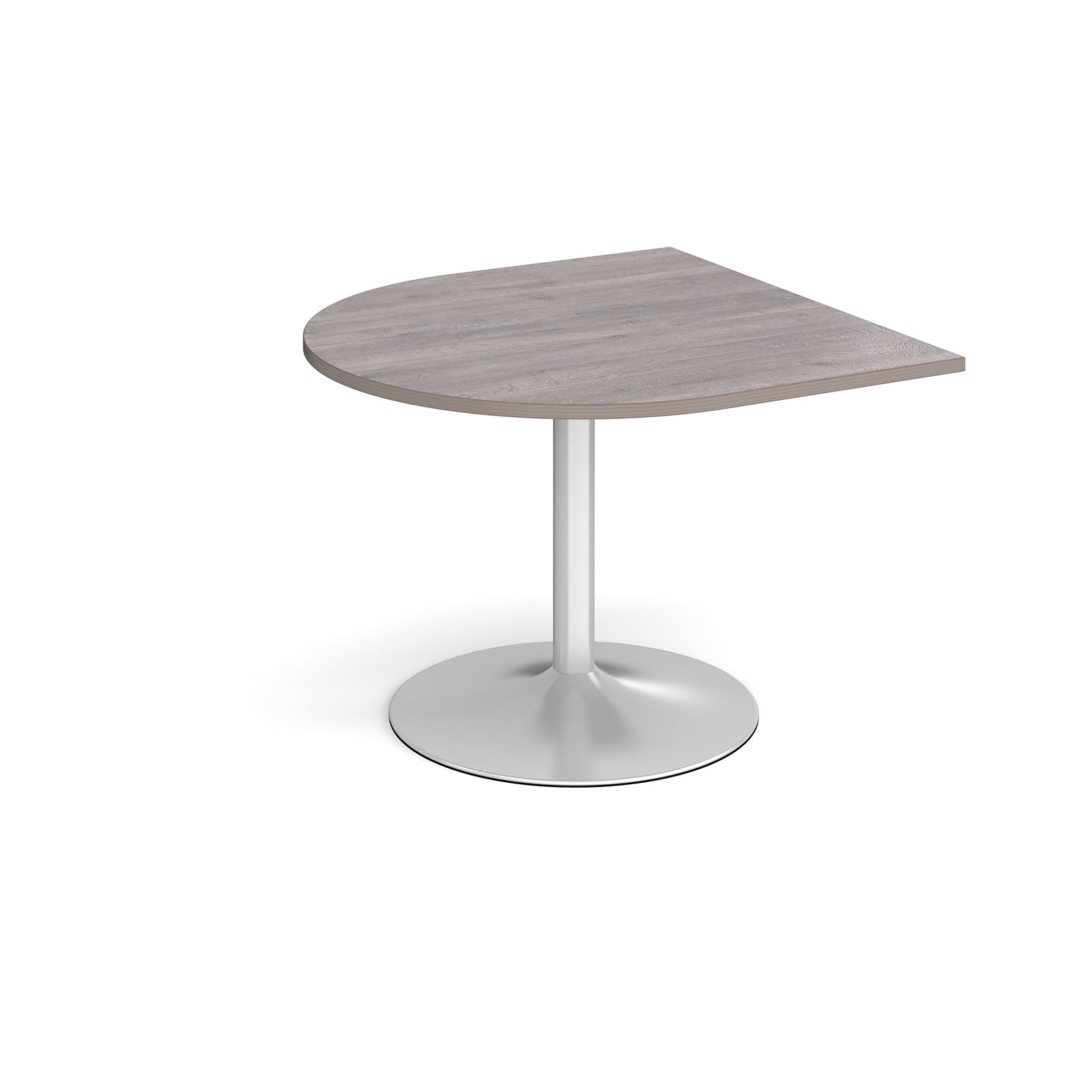 D-end meeting table with a grey wood-effect top, metal pedestal column, and round base, shown on a white background.