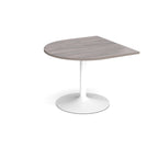 D-end meeting table with a grey wood-effect top, white pedestal column, and round base, shown on a white background.