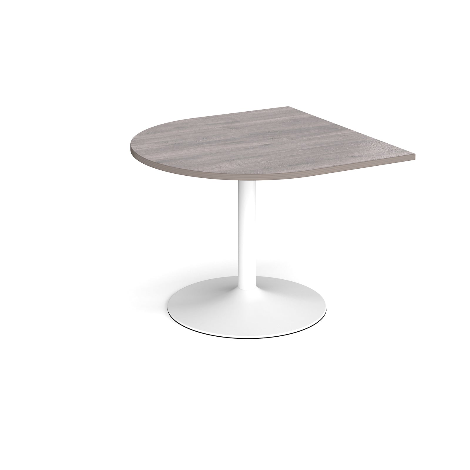 D-end meeting table with a grey wood-effect top, white pedestal column, and round base, shown on a white background.