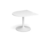 D-end meeting table with a white top, central pedestal column, and round base, shown on a white background.