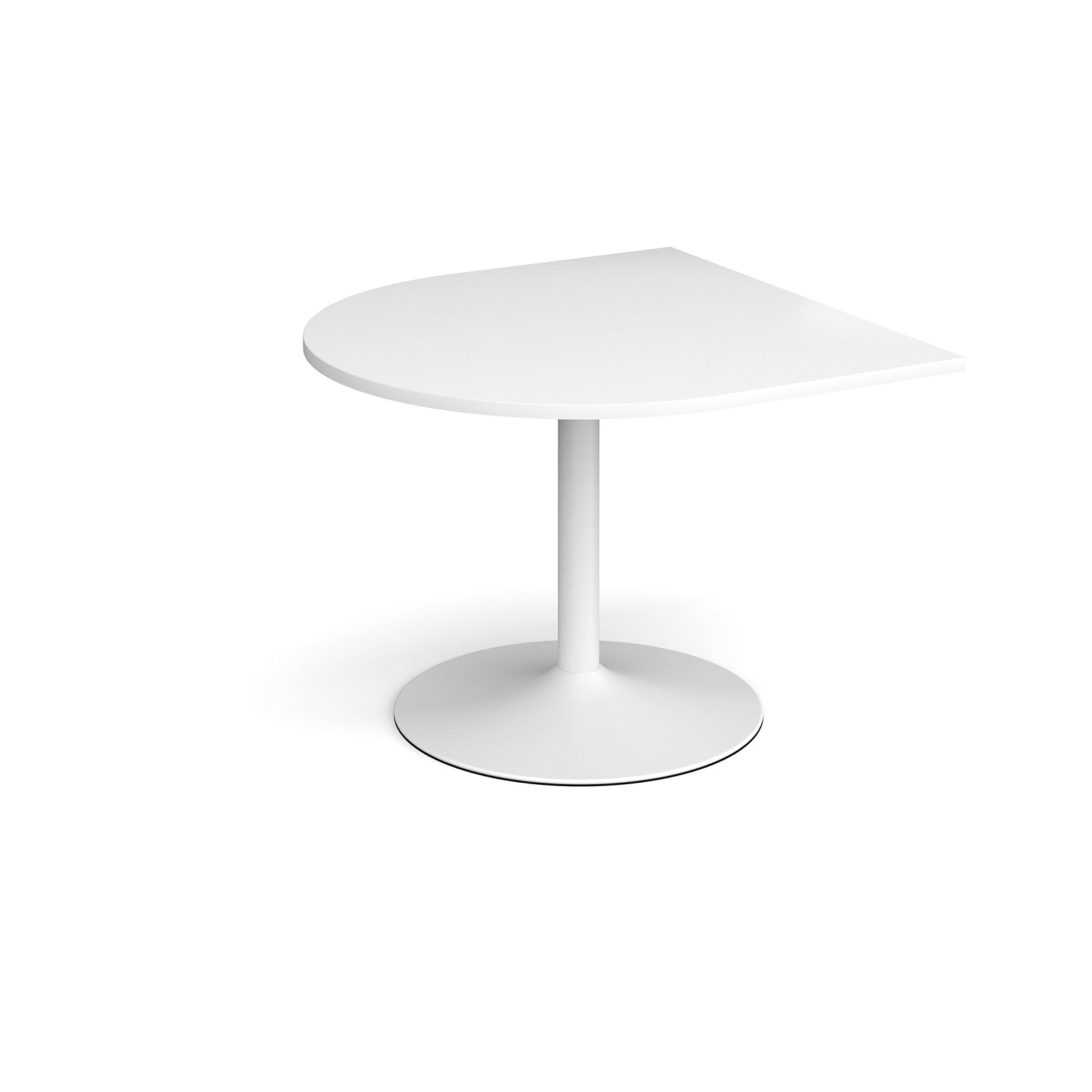 D-end meeting table with a white top, central pedestal column, and round base, shown on a white background.