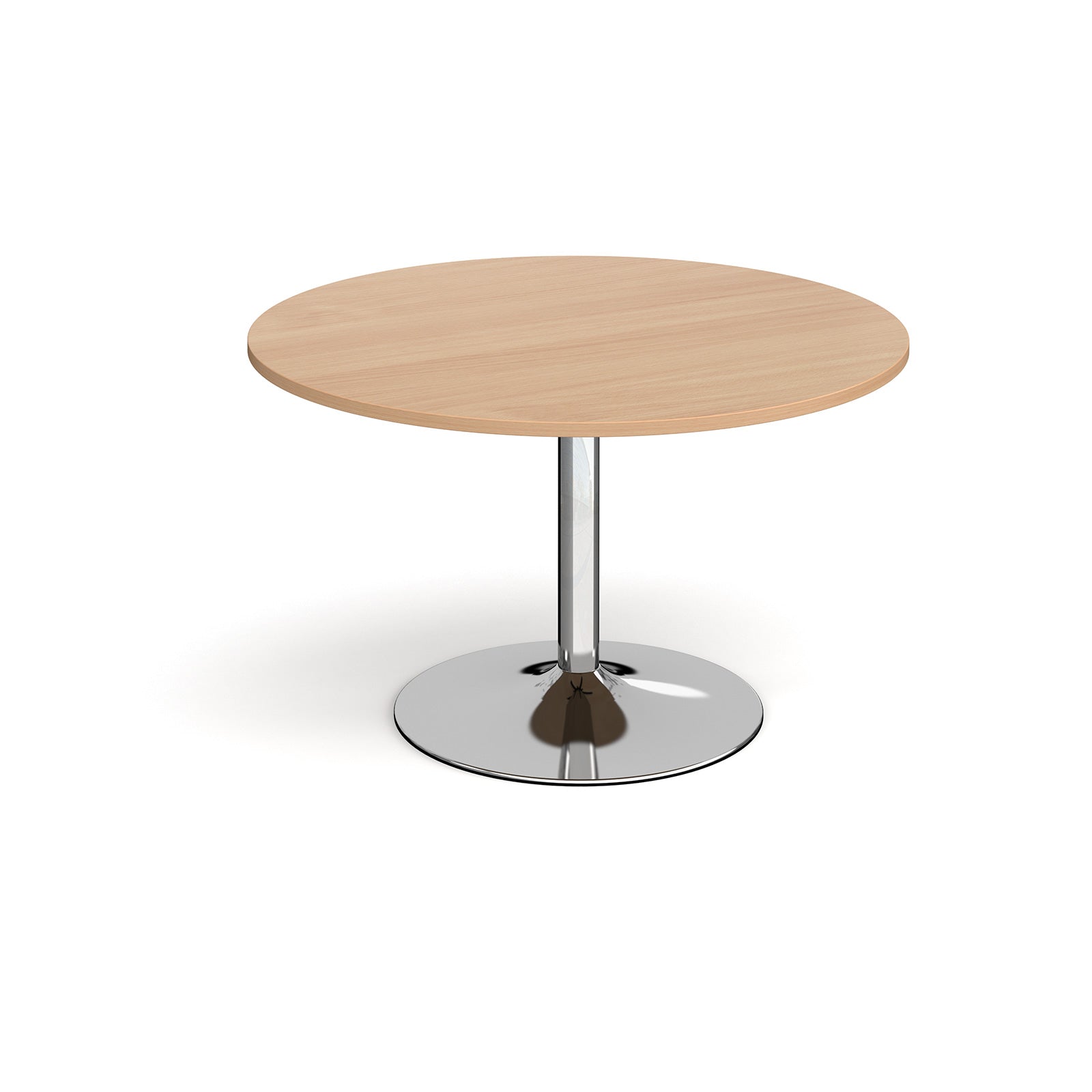 Round table with wood-effect top and chrome base on a white background