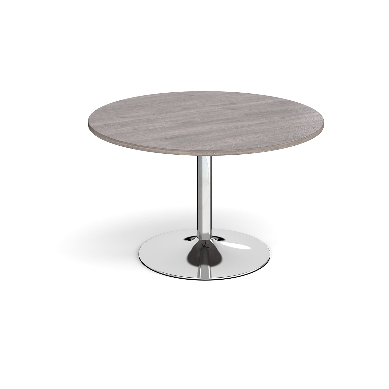 Round table with grey wood-effect top and chrome base on a white background
