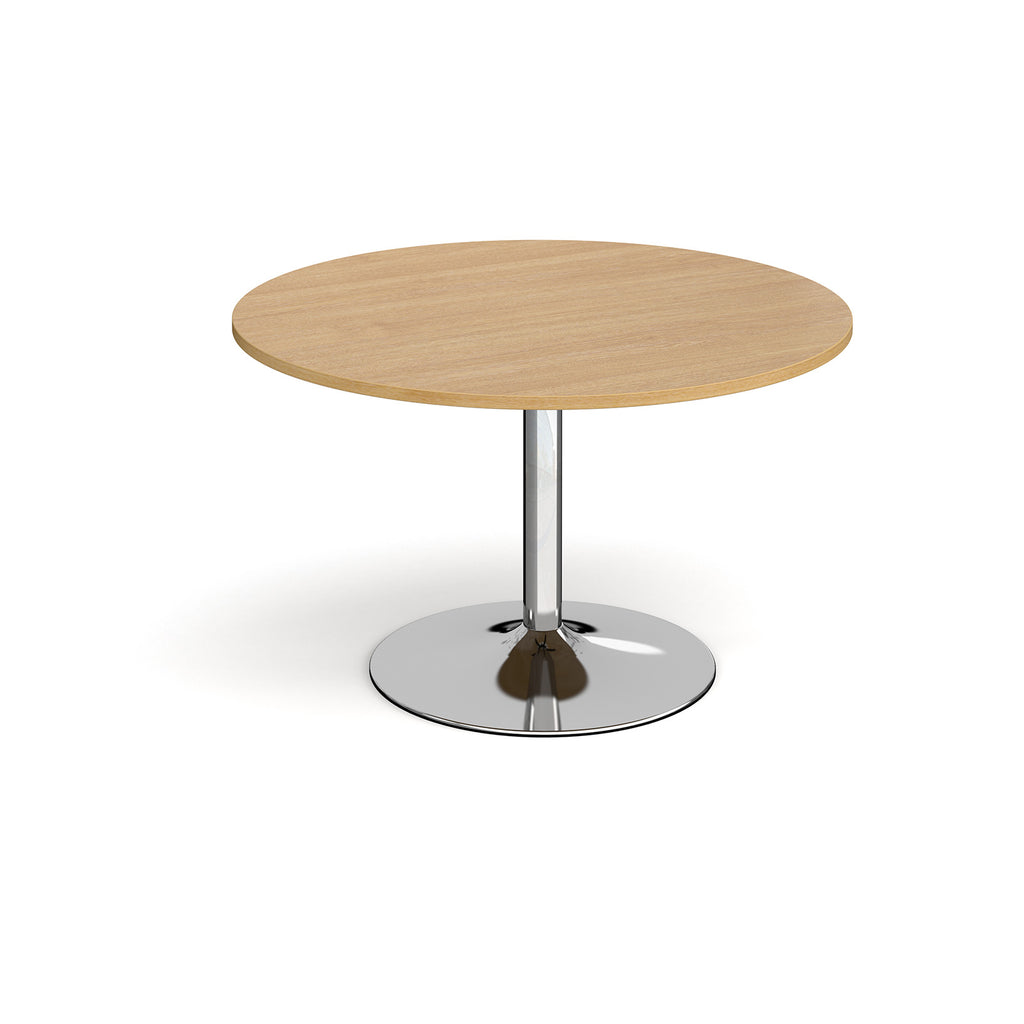 Round table with wood-effect top and chrome base on a white background